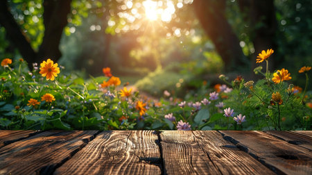 Wooden table in the garden at sunset with flowers and sunlight.の素材