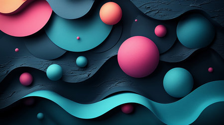 3d render, abstract background with blue and pink balls, waves, liquid shapesの素材