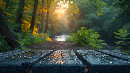 Wooden bench in the forest at sunset. Selective focus.の素材