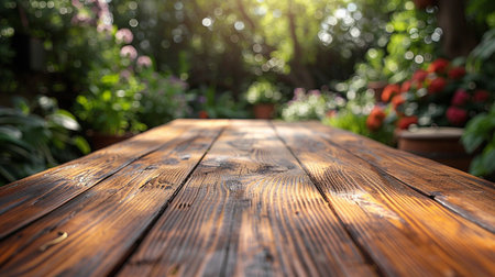 Wooden table in the garden with nature bokeh background.の素材