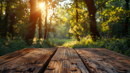 Wooden table in the forest with sunbeams in the backgroundの素材