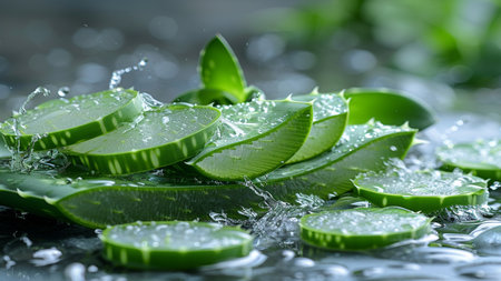 Aloe vera fresh leaf with water splash. Aloe Vera is a medicinal plant for skin care.の素材