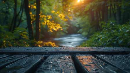 Wooden boardwalk in the forest with bokeh background.の素材
