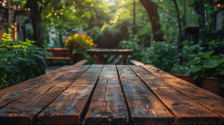 Wooden table in the garden with sun light and bokehの素材