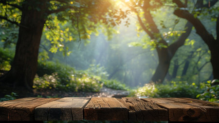 Empty table for product display montages with morning sunlight in the forestの素材