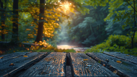 Wooden table in the autumn forest with sun rays and bokehの素材