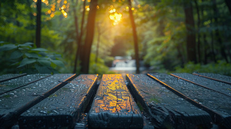 Wooden table in the park with bokeh light background.の素材