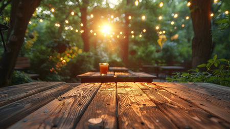 Wooden table with a glass of orange juice on the background of the setting sunの素材