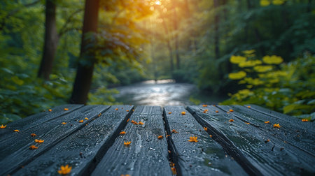 Wooden boardwalk in the forest with yellow flowers and raindropsの素材