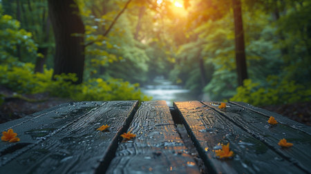 Wooden table in the park with autumn leaves. Natural background.の素材