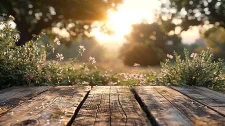 Wooden table in the garden at sunrise. Selective focus.の素材
