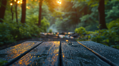 Wooden table in the forest with bokeh background and sunlightの素材