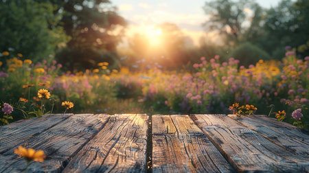 Wooden table in the meadow with wildflowers at sunset.の素材