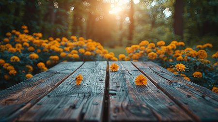 Wooden table with marigold flowers in the park at sunsetの素材