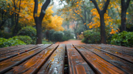 Rain drops on the wooden bench in the park. Autumn season.の素材