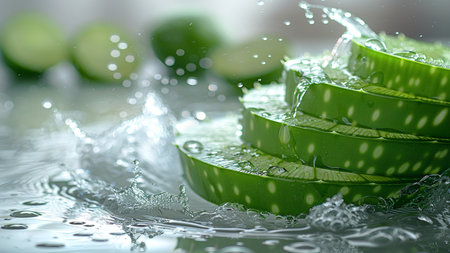 Sliced Aloe Vera (Aloe vera) with water splashの素材