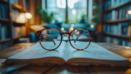 Glasses on a book. Reading and education concept. Selective focus.の素材