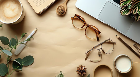 Flat lay composition with laptop, glasses, coffee cup and notebook on color backgroundの素材