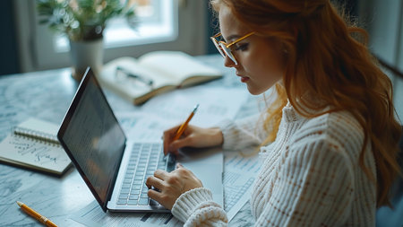 Beautiful young woman working on laptop computer at home office. Freelance business concept.の素材