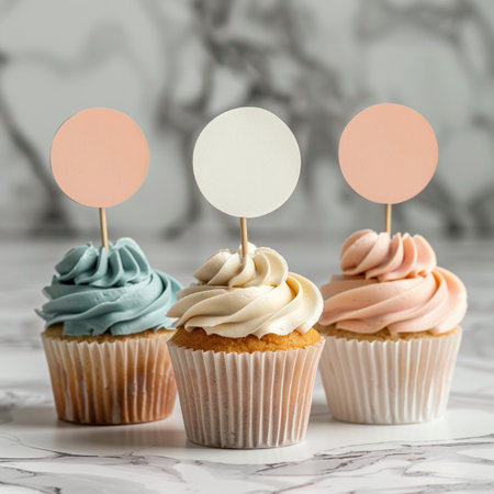 Cupcakes with blank paper tagsle background, square formatの素材