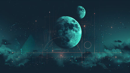 Futuristic background with planets and geometric shapes. 3d renderingの素材