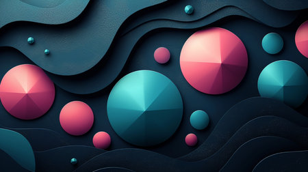 3d render, abstract background with waves and circles in blue and pink colorsの素材