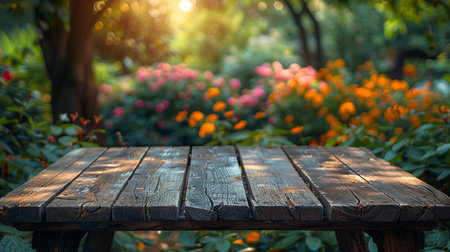 Empty table for product display montages in a garden with flower backgroundの素材