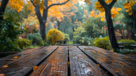 Raindrops on wooden table in autumn park. Selective focus.の素材