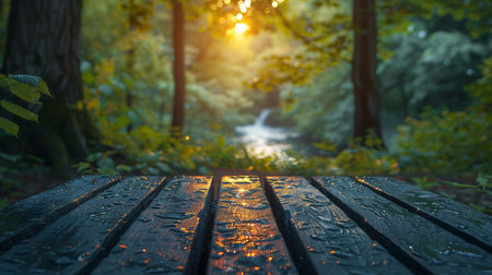 Wooden table in the forest at sunset. Selective focus.の素材