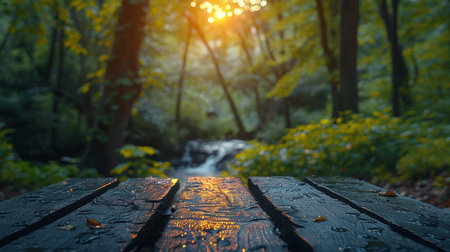 Wooden table in the forest with sunbeam and bokehの素材