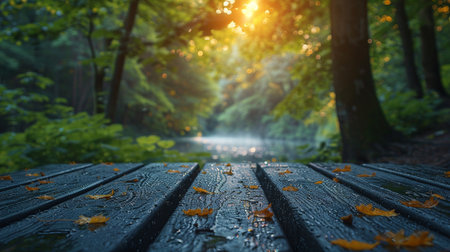 Wooden table in the forest with autumn leaves. Selective focus.の素材