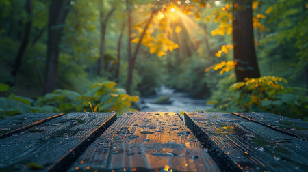 Wooden bridge in the autumn forest with sun rays and bokehの素材
