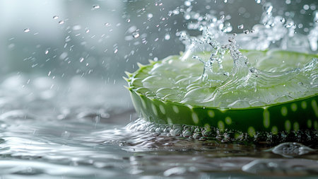 Aloe Vera leaf with water splash and drops on dark background.の素材