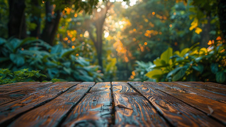 Wooden table in front of nature background with bokeh.の素材