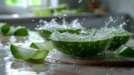 Aloe vera gel with water splash on wooden cutting board.の素材