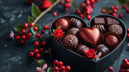 Chocolate candies in heart shaped box and red berries on dark backgroundの素材
