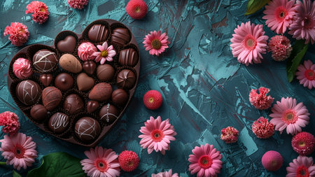 Chocolate candies in heart shaped box and pink flowers on blue backgroundの素材