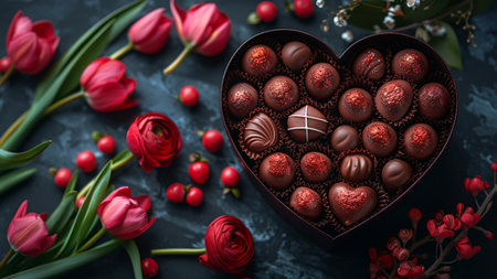 Chocolate candies in heart shaped box and flowers on dark backgroundの素材