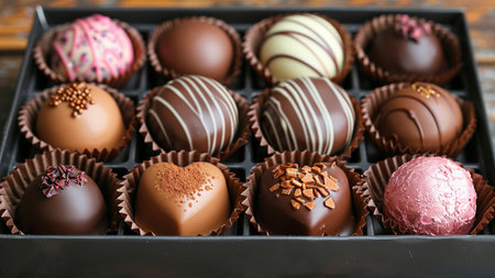 Box with delicious chocolate candies on wooden background, closeup viewの素材