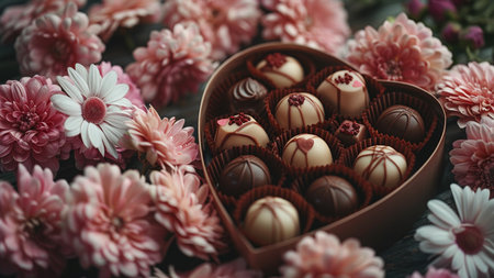 Chocolate candies in heart shaped box and flowers on wooden backgroundの素材