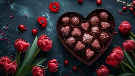 Chocolate candies in heart shaped box and tulips on dark backgroundの素材