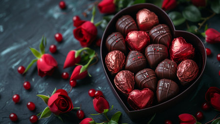 Heart shaped box of chocolate candies and red roses on dark backgroundの素材