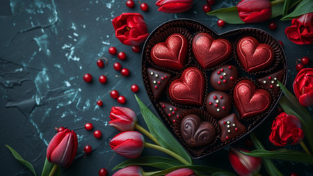Chocolate candies in the shape of hearts and red tulips on a dark background.の素材