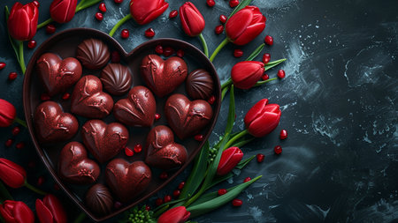 Heart shaped chocolate candies and red tulips on dark background, top viewの素材