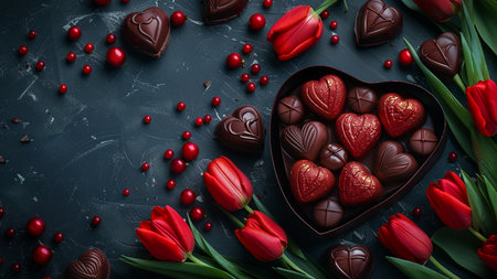 Chocolate candies in heart shaped box and red tulips on dark background. Valentines day backgroundの素材