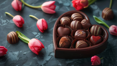 Chocolate candies in heart shaped box and tulips on dark backgroundの素材