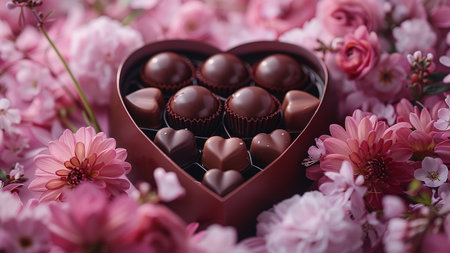 Chocolate candies in heart shaped box on pink flowers background.の素材