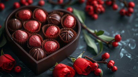 Chocolate candies in heart shaped box and red berries on dark backgroundの素材