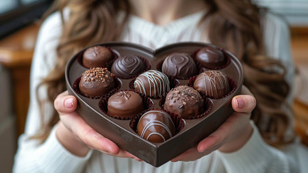 Close-up of woman holding chocolate candies in heart shape boxの素材