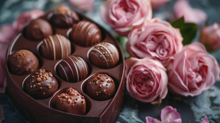 Delicious chocolate candies with pink roses on a blue background.の素材